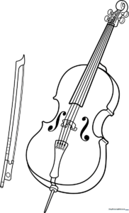Black and white line art of a cello with a scroll, f-holes, and bridge, ready for children to color.