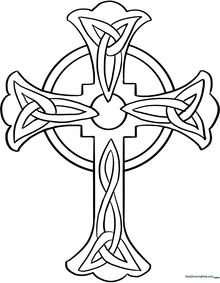 Black and white line art of a traditional Celtic Cross featuring central knotwork patterns, designed for educational coloring activities.