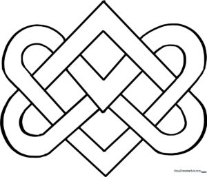 Black and white line art of a symmetrical Celtic knot with thick, clear outlines for easy coloring by children.