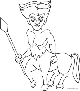 Black and white line art of a friendly centaur character with a human torso and horse body, designed for children to color.