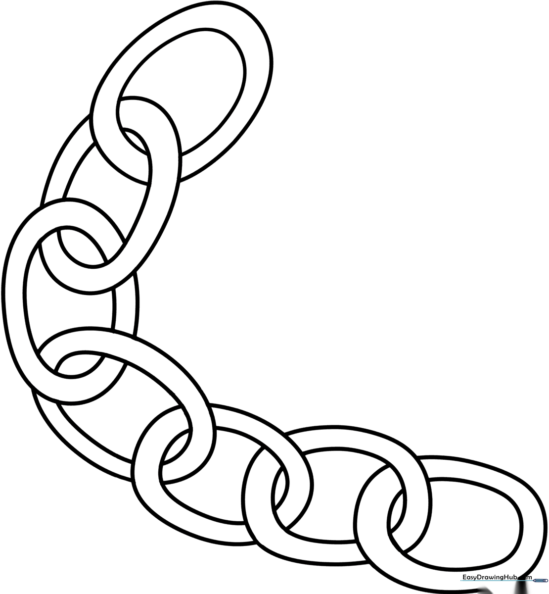 Black and white line art of a metal chain with interlocking oval links, designed for children to practice coloring and shading.