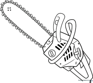 Black and white line art of a cartoon chainsaw with a detailed blade and handle, ready for coloring.