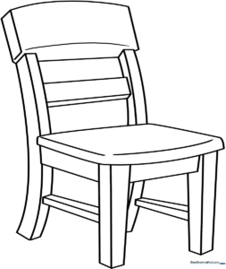 A clean, black-and-white line art illustration of a simple wooden chair, featuring clear outlines for easy coloring by children.