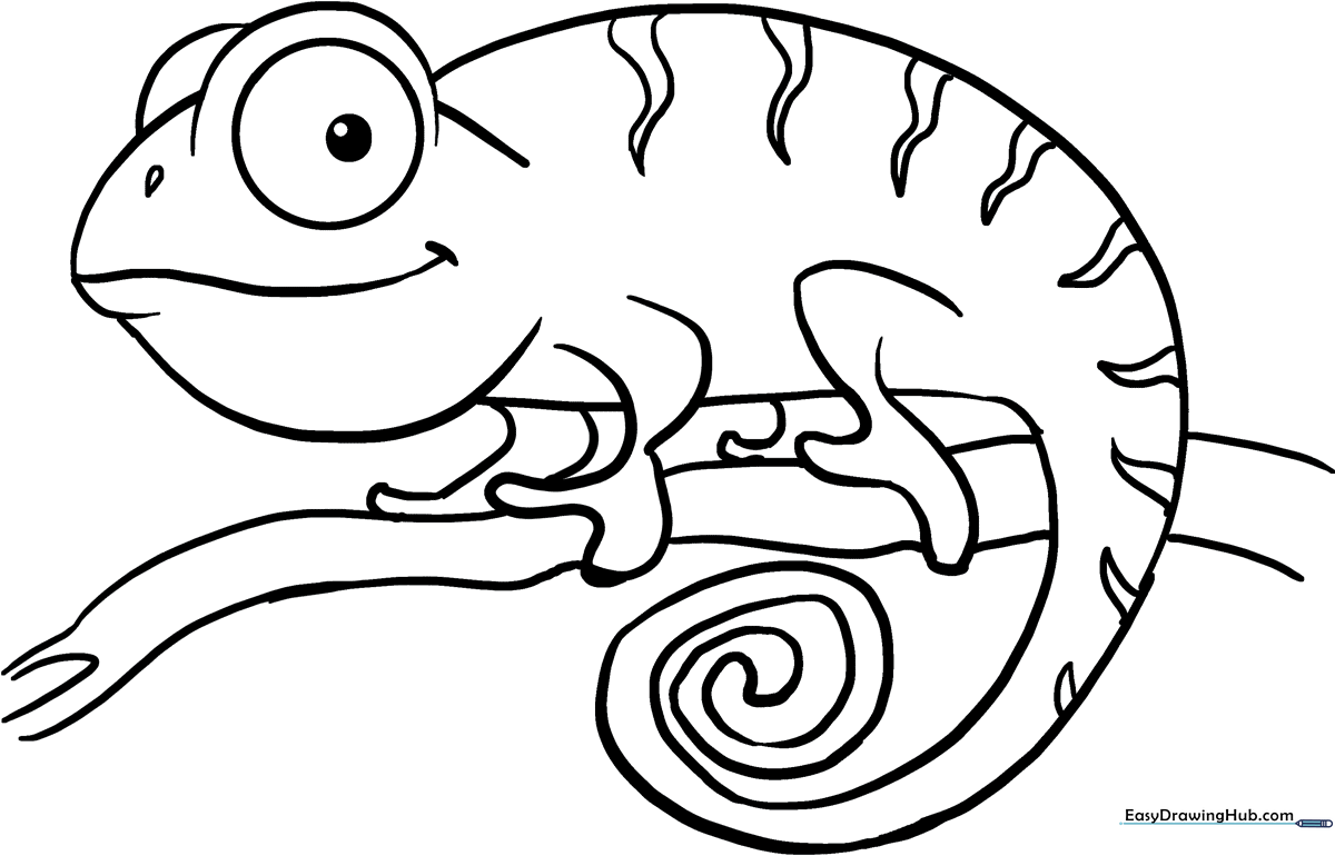 Black and white line art of a friendly chameleon with a curled tail, designed for children to color with markers or crayons.