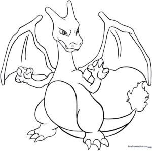 Black and white line art of Charizard in a dynamic pose, featuring clear outlines for easy coloring of the wings, tail flame, and scales.