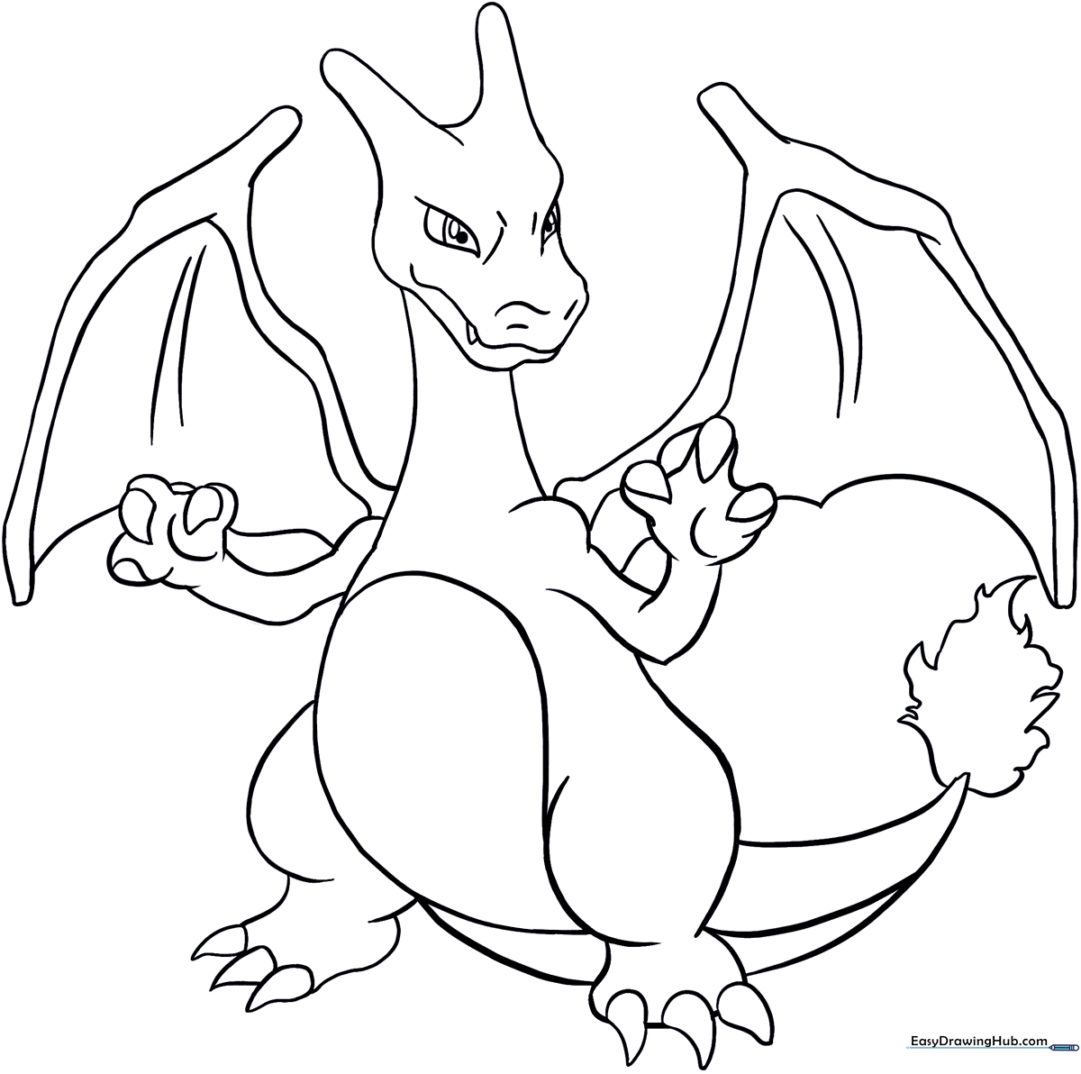 Black and white line art of Charizard in a dynamic pose, featuring clear outlines for easy coloring of the wings, tail flame, and scales.