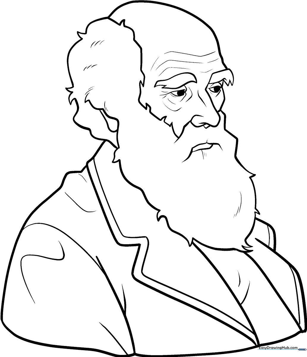Detailed line art of Charles Darwin with his signature bushy beard, ready for coloring in a classroom or home setting.