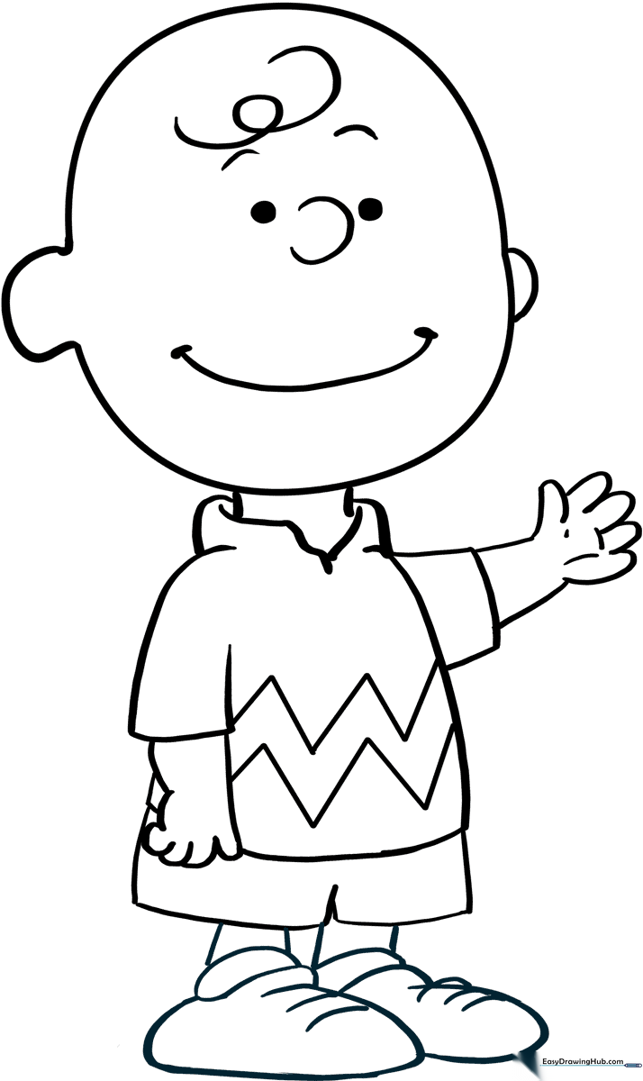 Black and white line art of Charlie Brown standing, featuring clear outlines for easy coloring by children.