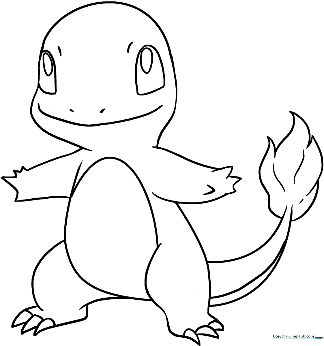 Black and white line art of Charmander standing, featuring clean, bold outlines perfect for children to color with crayons or markers.