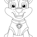 Black and white line art illustration of Chase from PAW Patrol standing in his police uniform, ready for coloring.