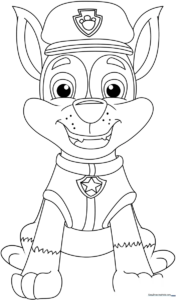 Black and white line art illustration of Chase from PAW Patrol standing in his police uniform, ready for coloring.
