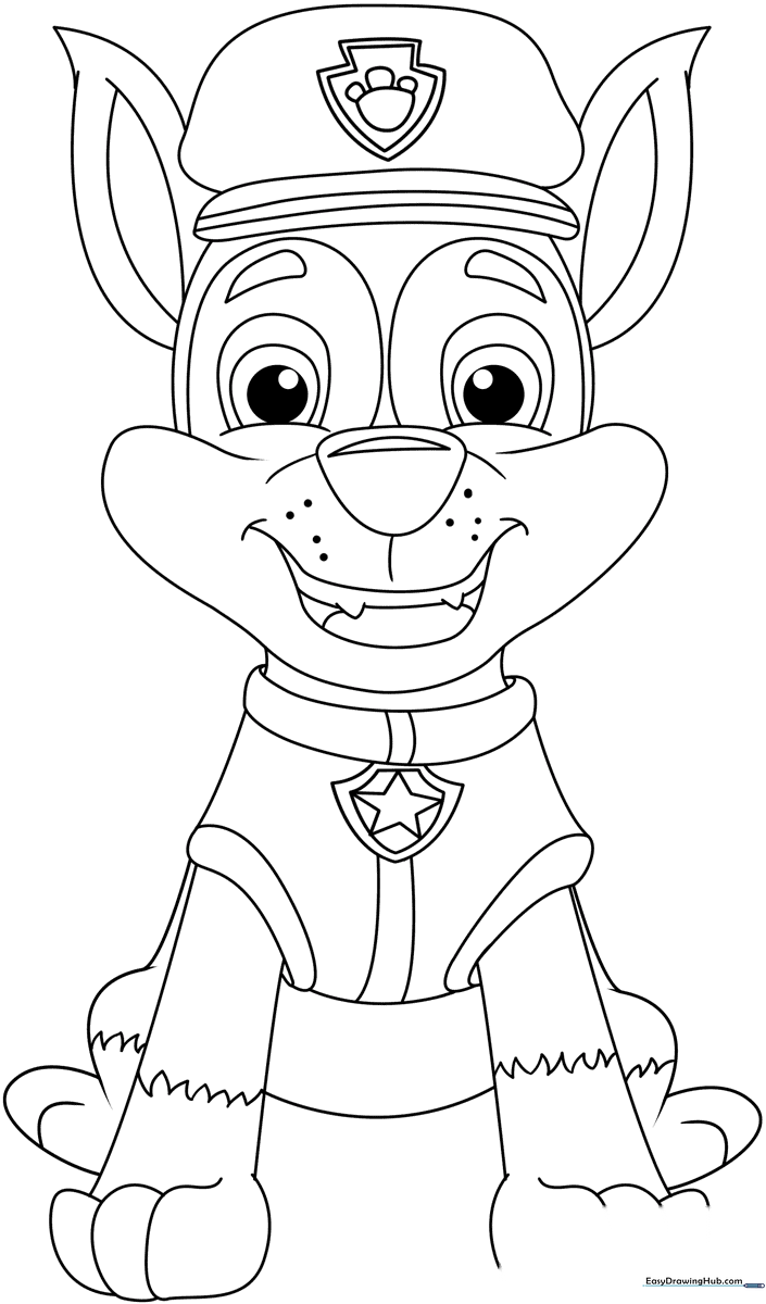 Black and white line art illustration of Chase from PAW Patrol standing in his police uniform, ready for coloring.