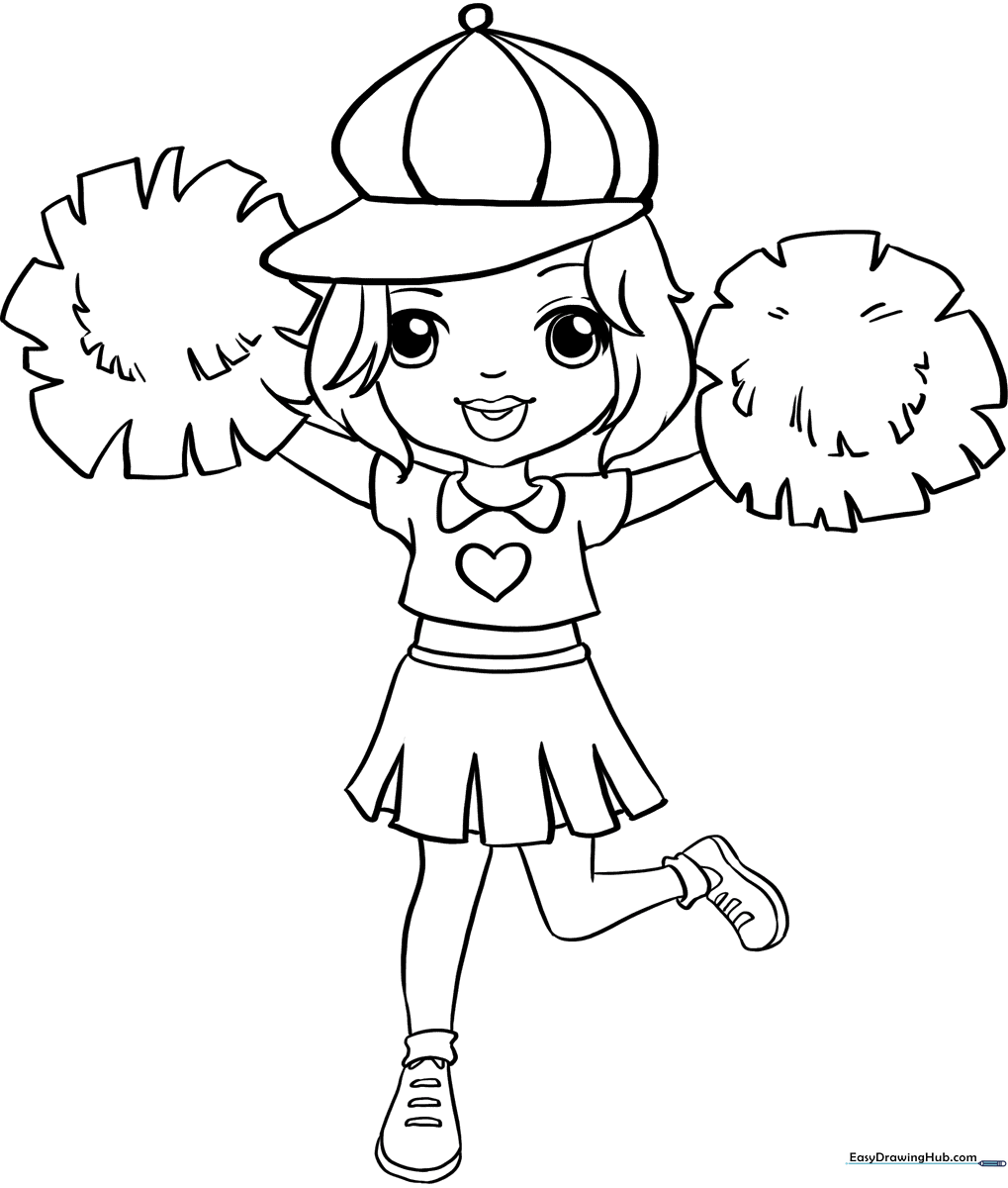 Line art of a cheerful character holding pom-poms, designed as a printable coloring activity for children to practice coloring techniques.