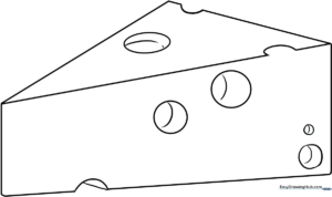 A simple line-art illustration of a block of Swiss cheese with circular holes, designed for children to color.