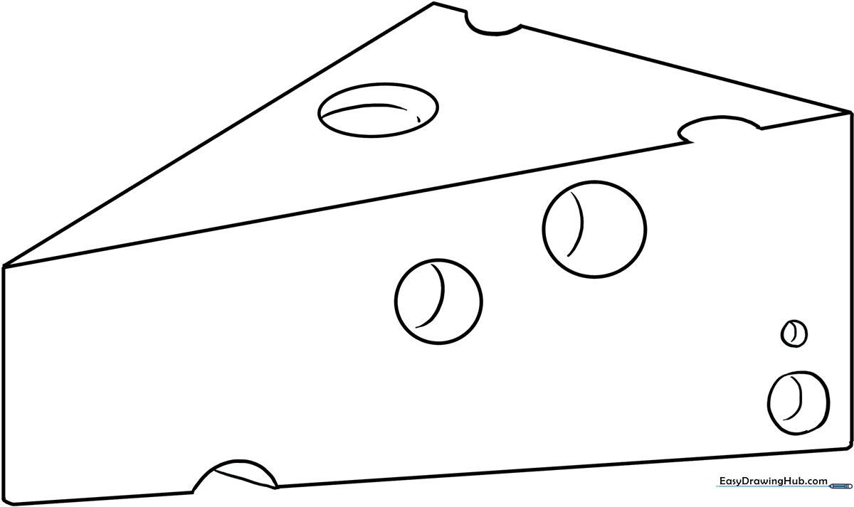 A simple line-art illustration of a block of Swiss cheese with circular holes, designed for children to color.