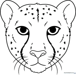 Black and white line art of a cheetah face with distinct spots and large expressive eyes, ready for coloring.
