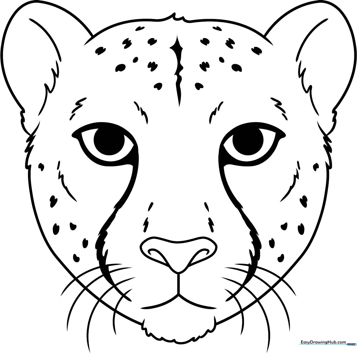Black and white line art of a cheetah face with distinct spots and large expressive eyes, ready for coloring.