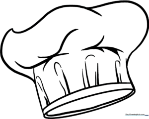 Black and white line art of a traditional tall chef's hat with clean outlines, perfect for children to color and decorate.