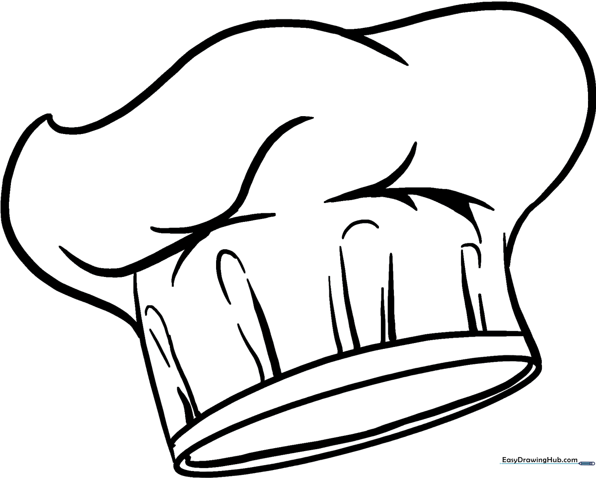 Black and white line art of a traditional tall chef's hat with clean outlines, perfect for children to color and decorate.