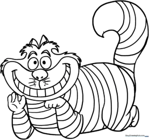 Detailed line art of the Cheshire Cat with a wide grin, ready for kids to color with markers or crayons.