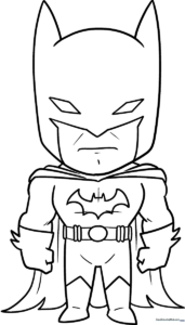Black and white line art of a Chibi Batman character with large eyes and a small cape, ready for kids to color with markers or crayons.