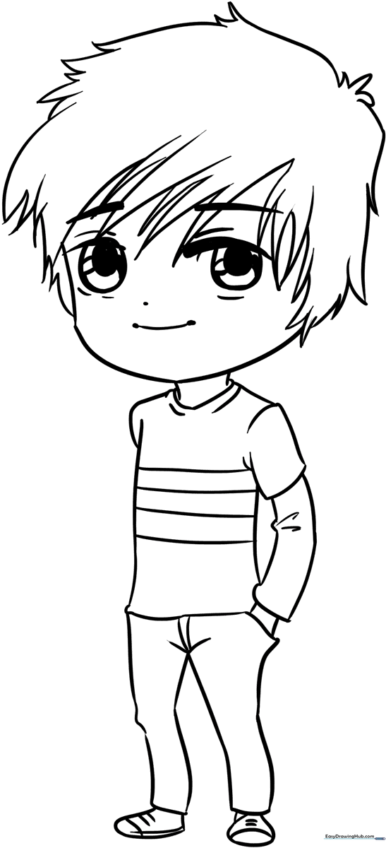 Black and white line art of a cute chibi boy with large expressive eyes and simple anime-style hair, ready for coloring.