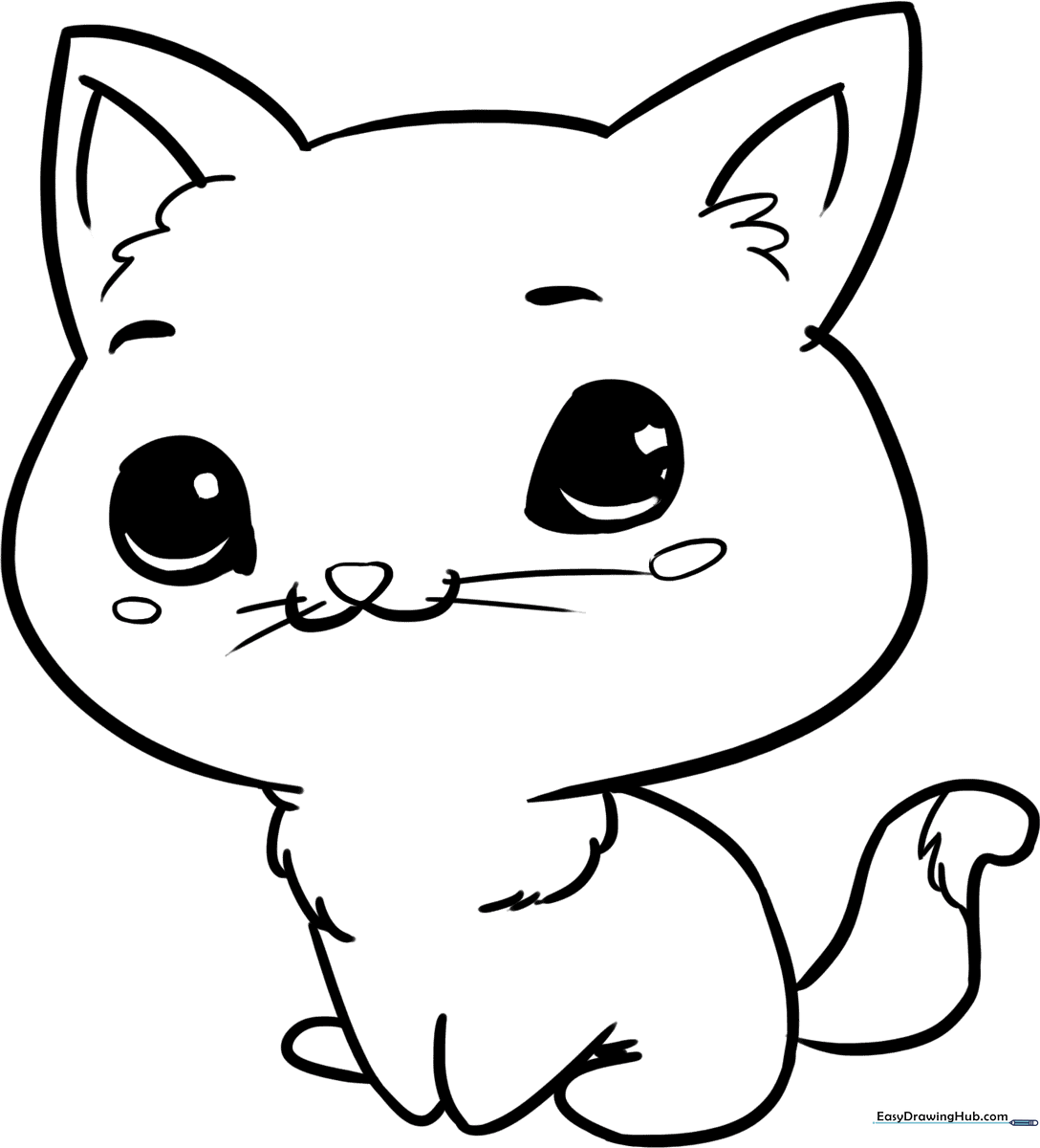 A clean, black-and-white line art illustration of a chibi cat with large, expressive eyes and a small body, designed for children to color.