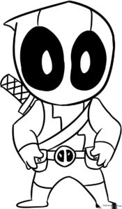 A clean, black-and-white line art illustration of a Chibi-style Deadpool character with large eyes and a small body, ready for coloring.