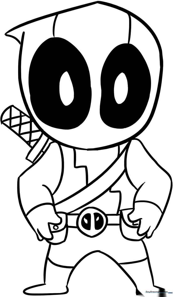 A clean, black-and-white line art illustration of a Chibi-style Deadpool character with large eyes and a small body, ready for coloring.