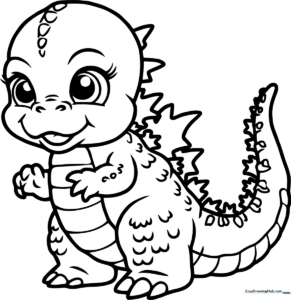 A cute, simplified Chibi Godzilla character with large expressive eyes and small dorsal fins, outlined in bold black lines for easy coloring.