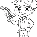 Black and white line art of a chibi Han Solo character with a large head, small body, and his signature vest, designed for children to color.