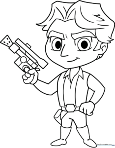 Black and white line art of a chibi Han Solo character with a large head, small body, and his signature vest, designed for children to color.