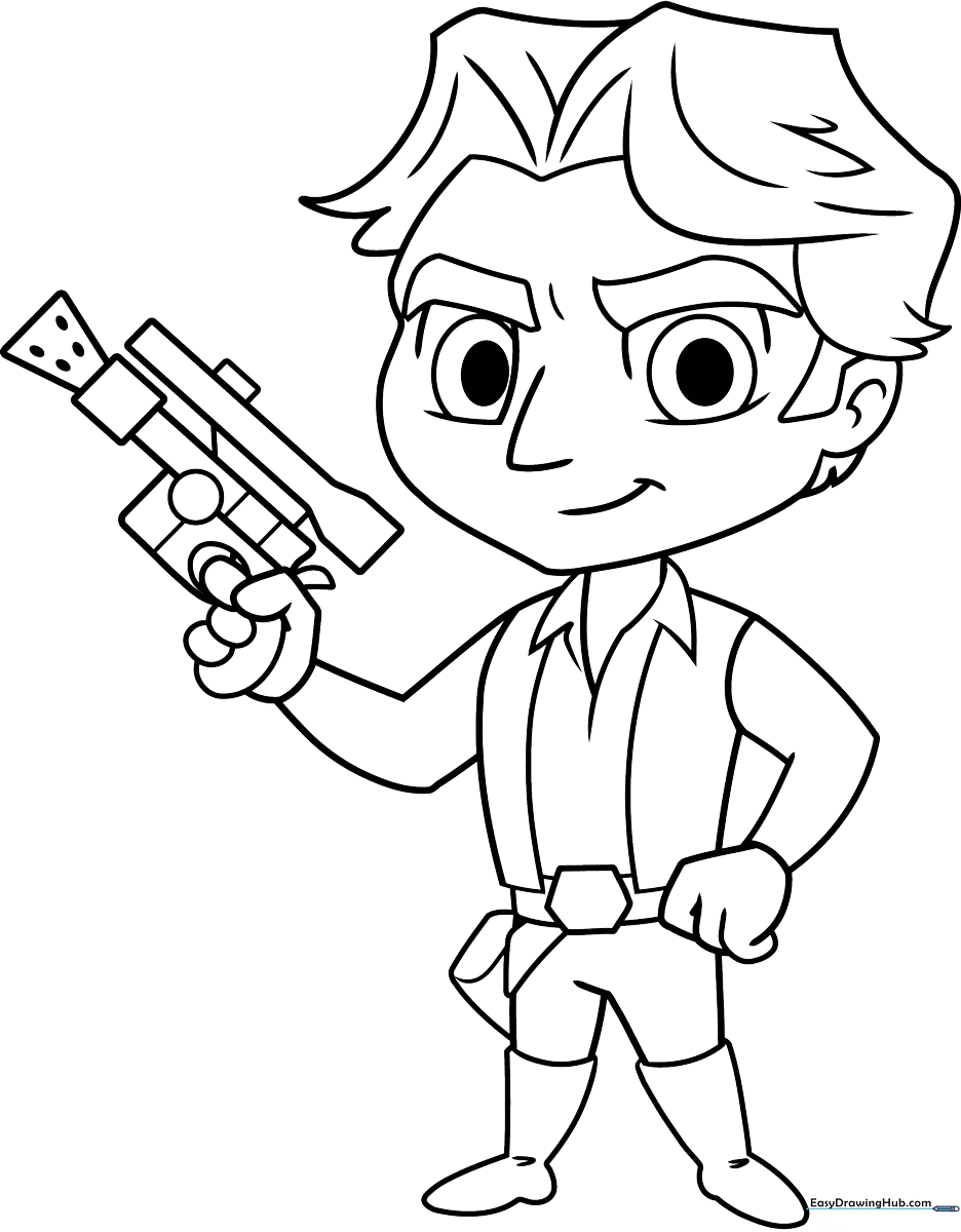Black and white line art of a chibi Han Solo character with a large head, small body, and his signature vest, designed for children to color.