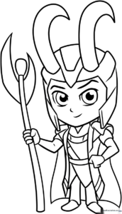 Black and white line art of a Chibi Loki character featuring a large head, small body, and iconic horned helmet, ready for coloring.