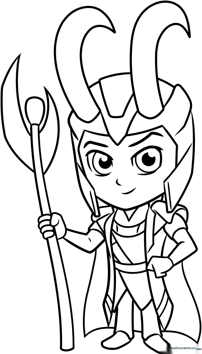 Black and white line art of a Chibi Loki character featuring a large head, small body, and iconic horned helmet, ready for coloring.