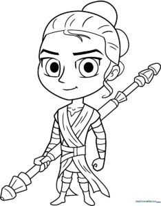 Black and white line art of Chibi Rey from Star Wars featuring large expressive eyes, her signature scavenger outfit, and a small lightsaber, ready for coloring.