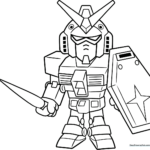 Black and white line art of a Chibi SD Gundam robot with large expressive eyes, ready for coloring on a standard printer page.