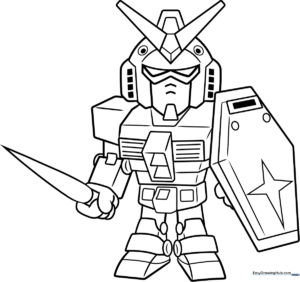 Black and white line art of a Chibi SD Gundam robot with large expressive eyes, ready for coloring on a standard printer page.