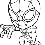 Black and white line art of a Chibi Spider-Man character with large expressive eyes, ready for children to color with markers or crayons.