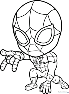 Black and white line art of a Chibi Spider-Man character with large expressive eyes, ready for children to color with markers or crayons.