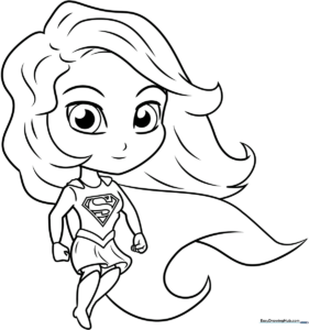 Black and white line art of a Chibi Supergirl character with large expressive eyes, a cape, and a stylized 'S' emblem, ready for coloring.