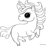 Black and white line art of a cute chibi unicorn with a flowing mane and horn, ready for coloring.