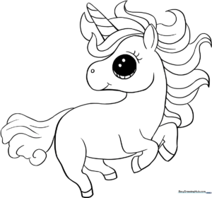 Black and white line art of a cute chibi unicorn with a flowing mane and horn, ready for coloring.