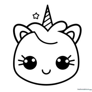 Black and white line art of a cute chibi unicorn face with large expressive eyes, a small horn, and flowing mane, ready for coloring.