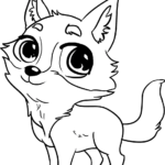A cute chibi wolf character with large expressive eyes and a fluffy tail, outlined in clean black lines on a white background for coloring.