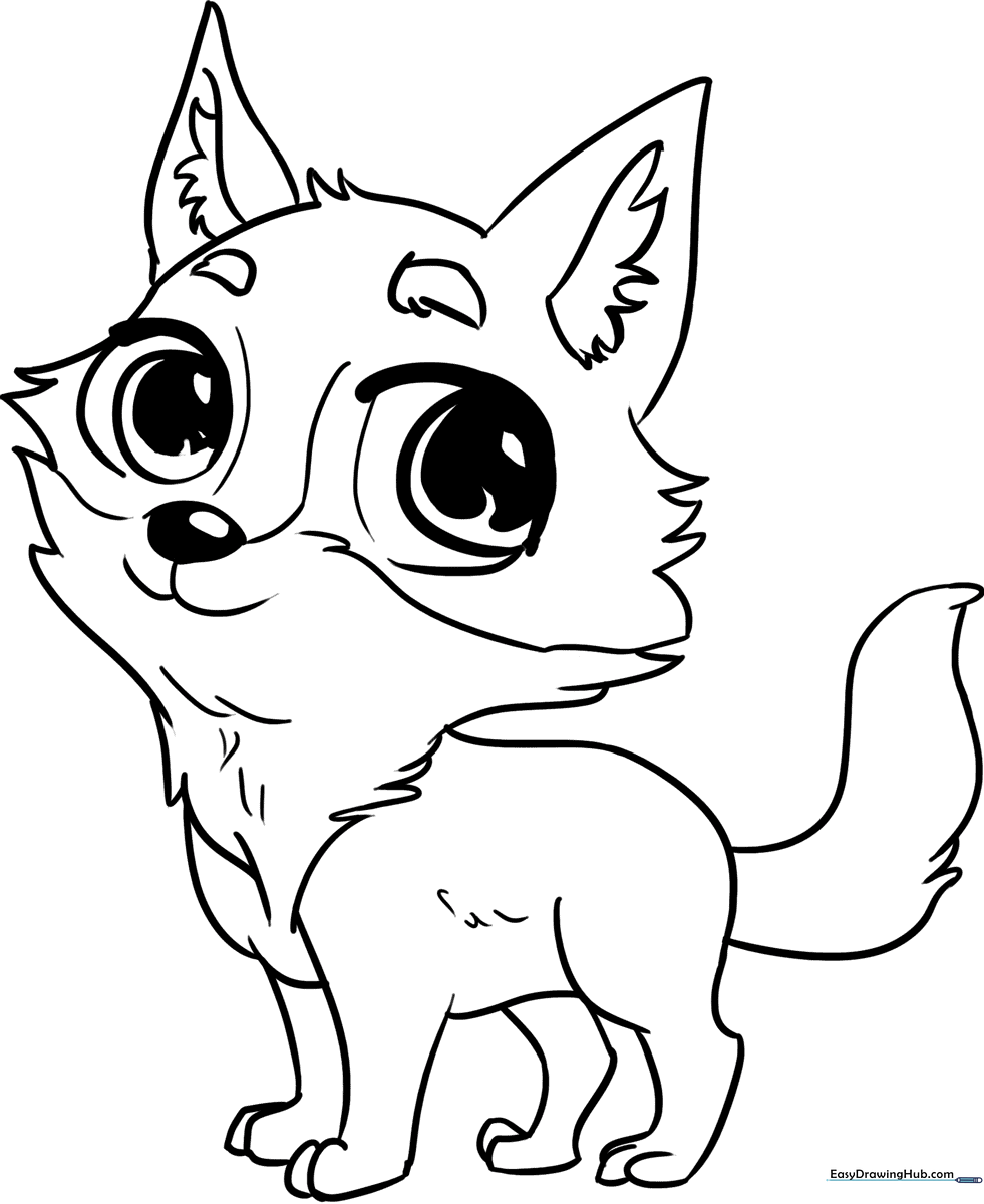 A cute chibi wolf character with large expressive eyes and a fluffy tail, outlined in clean black lines on a white background for coloring.