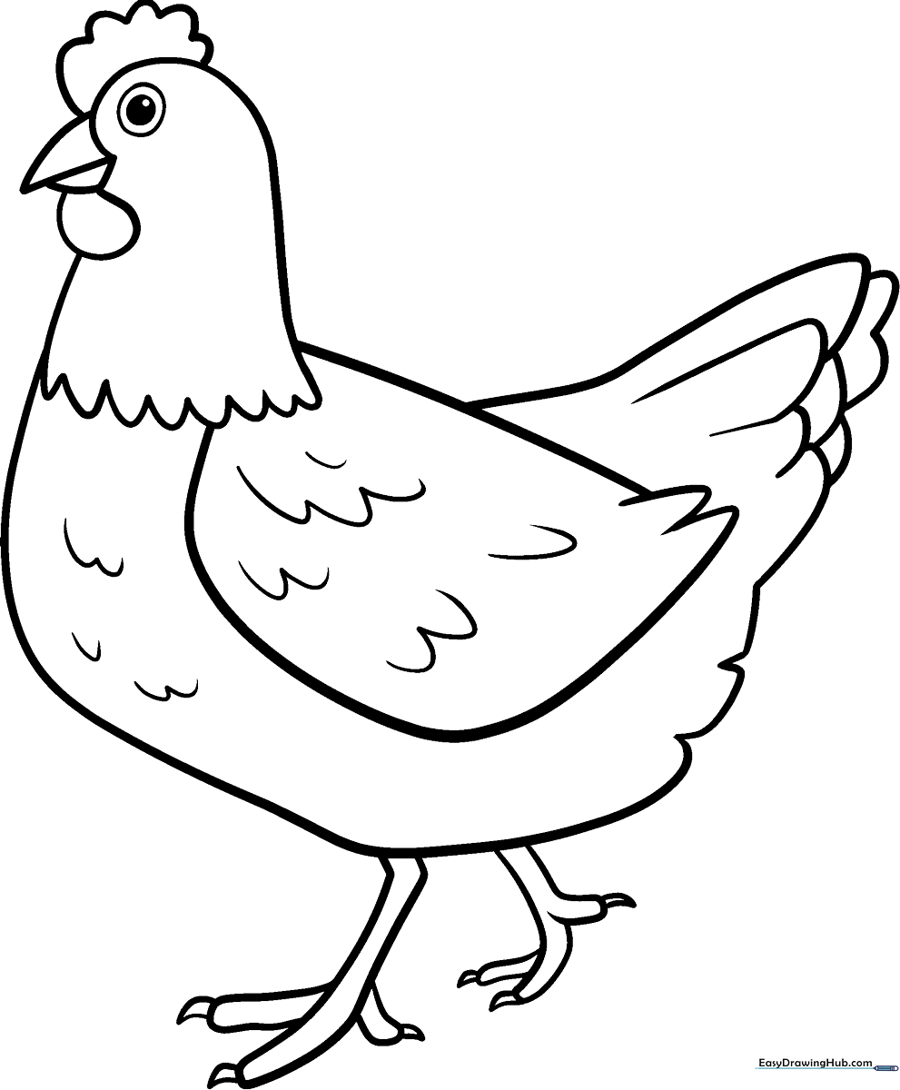 Black and white line art of a friendly chicken with clear outlines, ideal for children practicing coloring techniques.