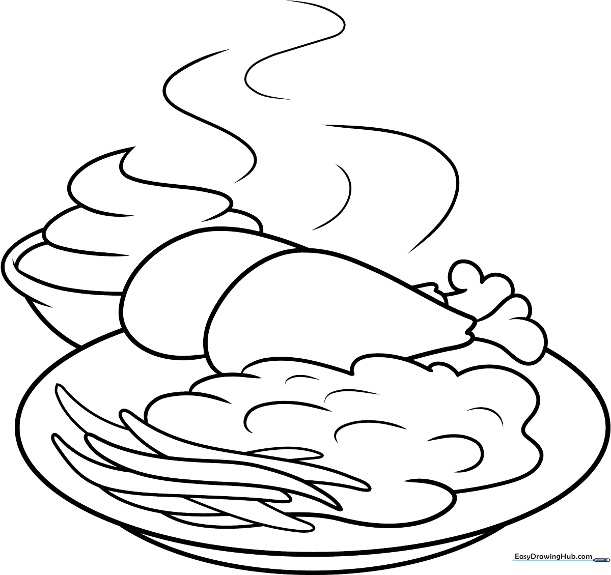 Black and white line art of a roasted chicken on a platter with side vegetables, designed for children to color.