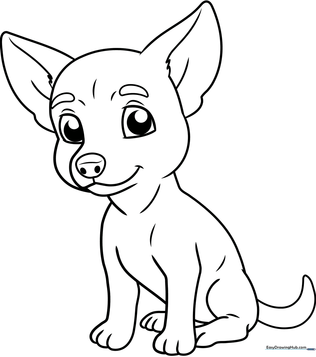 A clean, black-and-white line art illustration of a small Chihuahua dog with large, expressive eyes and perky ears, ready for coloring.