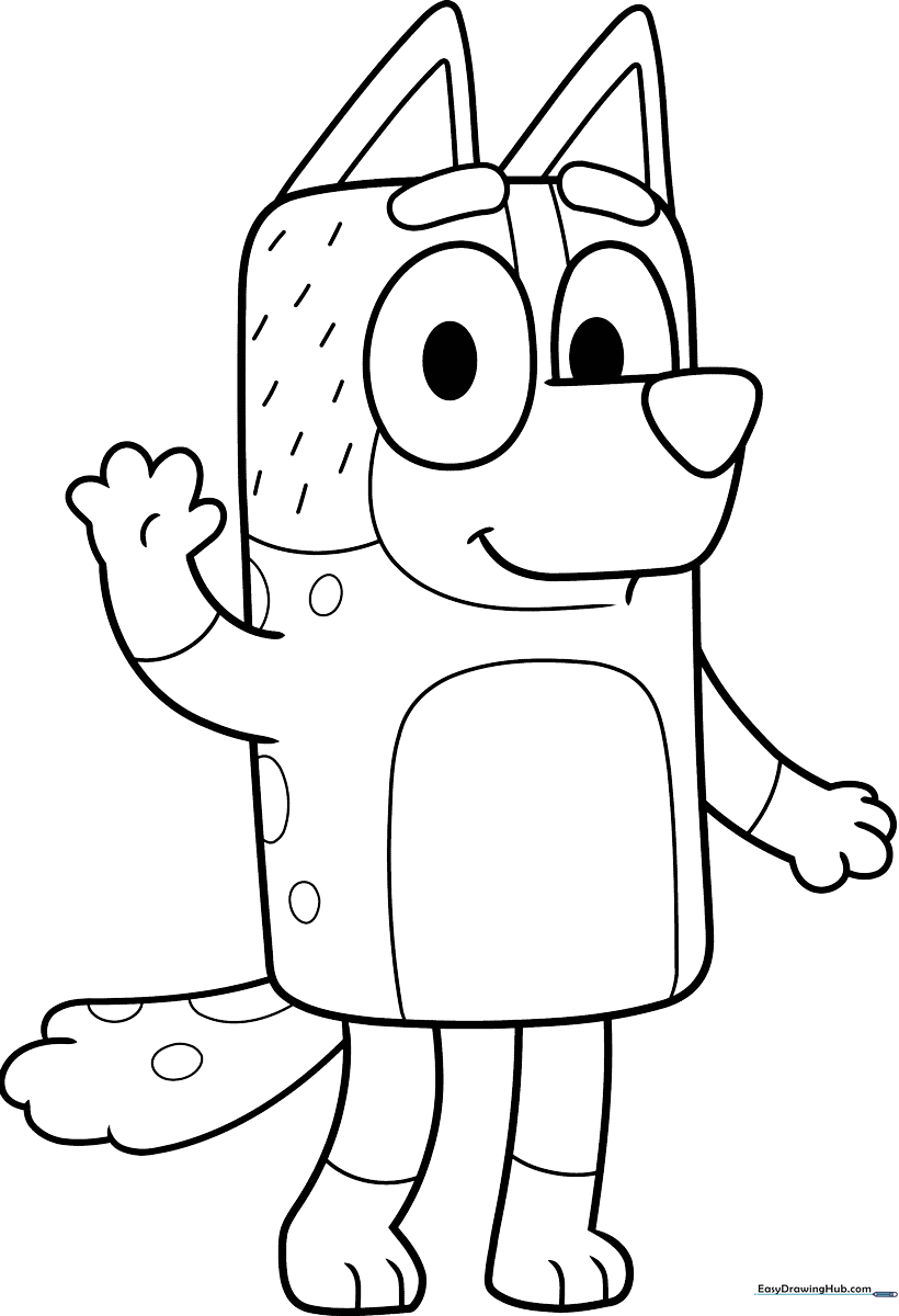 Black and white line art of Chilli Heeler from Bluey, featuring clear outlines for easy coloring by young children.